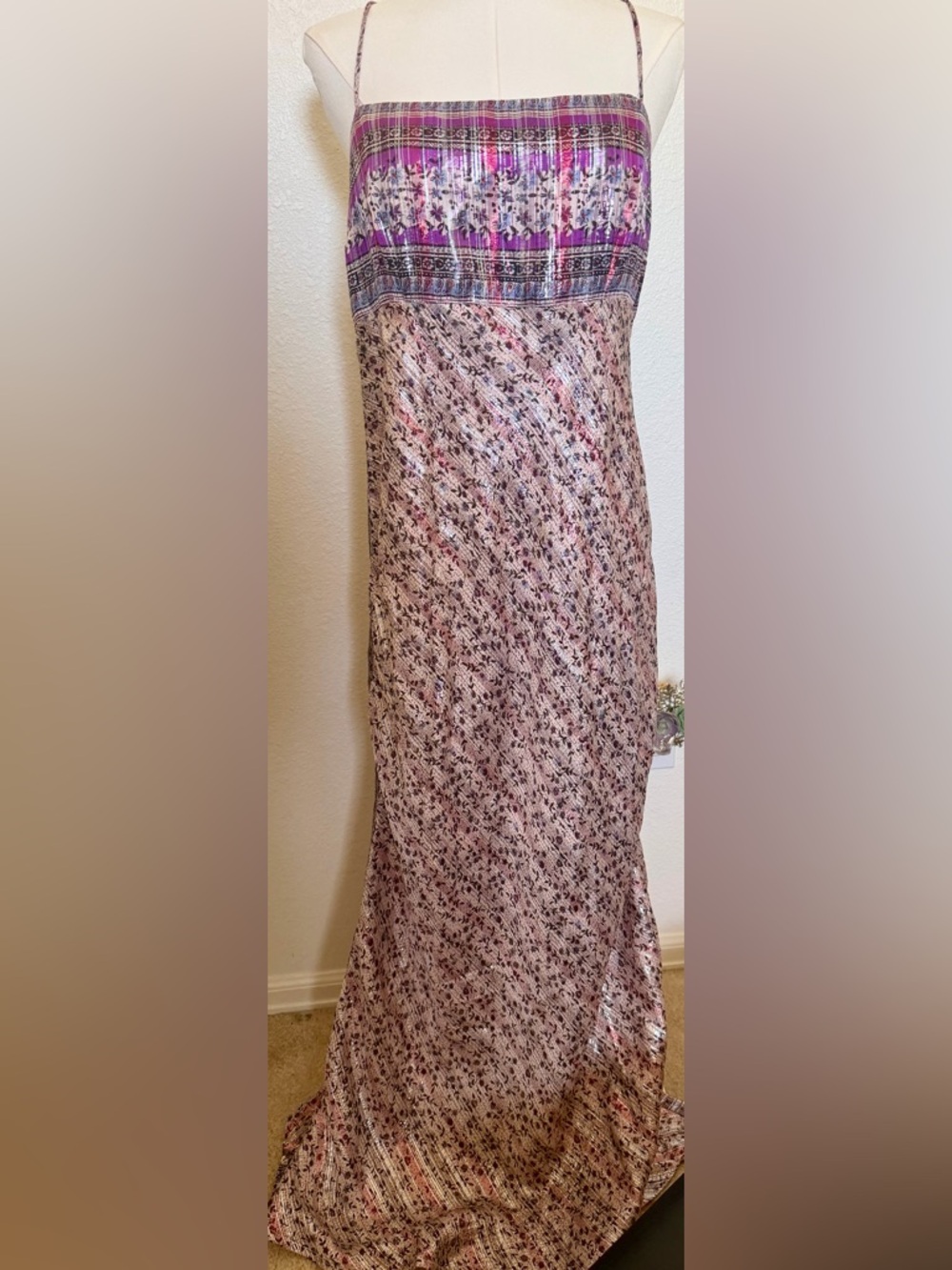 Free People Purple Satin Floral Maxi Slip Dress